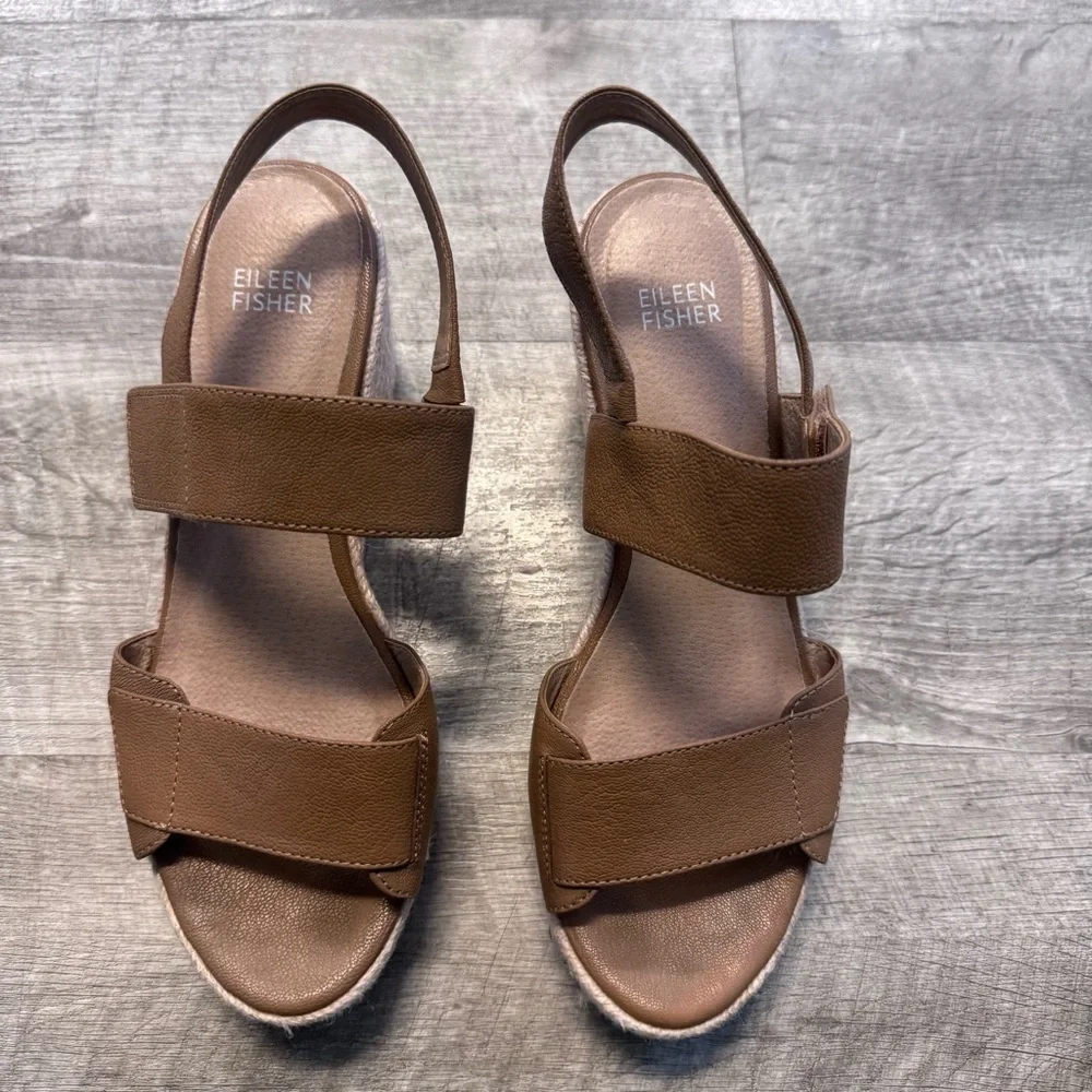 Eileen Fisher Slingback Open Toe Wedge Sandal Tan Leather Womens Sz. 7.5